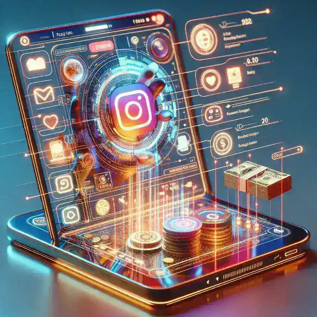 "Imagem ilustrativa de uma pessoa utilizando um smartphone mostrando gráficos de crescimento e ícones de dinheiro, simbolizando estratégias de monetização no Instagram em 2025."
